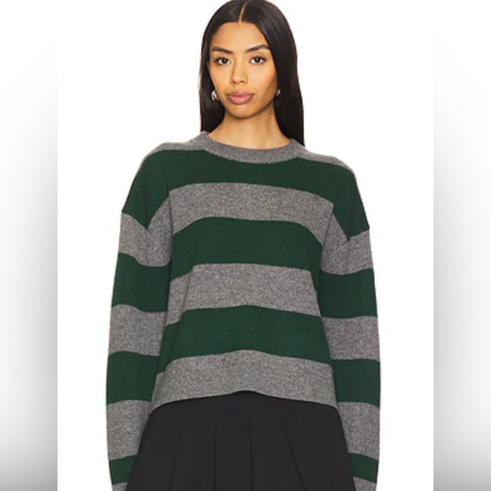 White and Warren Striped Green and Gray  Cashmere Sweater
